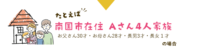 たとえば南国市在住 Aさん4人家族(お父さん30才・お母さん28才・長男3才・長女1才)の場合